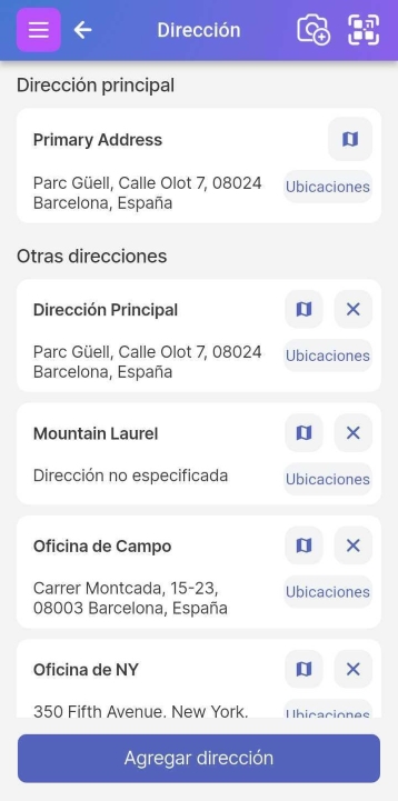 Página de gestión de direcciones