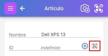 Imagen con un recuadro rojo alrededor del símbolo QR a la derecha del campo ID.