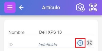 Imagen de los dos primeros campos de la página del artículo después de la entrada manual. El ID aparece como no definido. Símbolo + resaltado