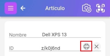 Imagen de los dos primeros campos de la página del artículo después de la entrada manual. Se muestra el ID de Scanlily y se destaca la impresora.
