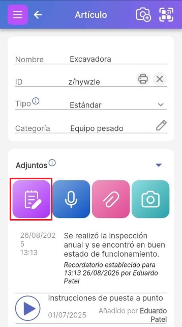Los iconos de adjuntos de la página del artículo con el icono de Nota resaltado.