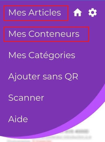Image montrant le bouton de menu supérieur gauche avec les options Conteneurs et Articles, et un utilisateur tapant dans la barre de recherche pour trouver un article