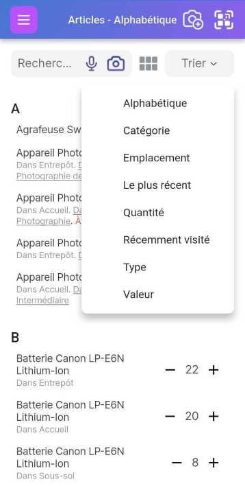 Image de la page de liste d'articles avec les options de tri affichées pour Alphabétique, Catégorie, Lieu, Plus récent, Quantité, Récemment visité, Type et Valeur