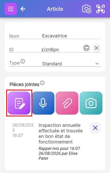 Les icônes des pièces jointes de la page d'élément, avec l'icône Note mise en évidence