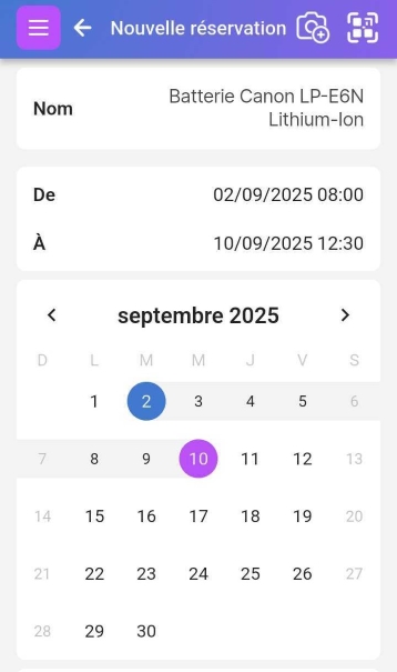 Image du kit caméra 1 en cours de réservation sur l'application mobile