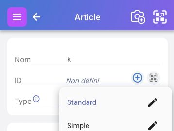 Champ de type sur l'écran de l'article affichant les types d'articles par défaut