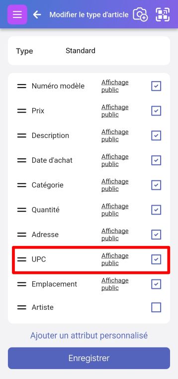 Écran Modifier le type d'élément avec l'attribut CUP mis en évidence. Il est coché à droite.