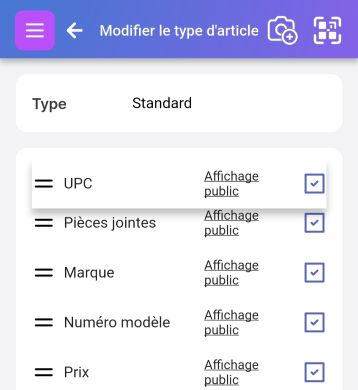 Champ UPC sélectionné et déplacé sur la page de modification de l'article en cliquant sur les deux petites lignes à gauche de "UPC".