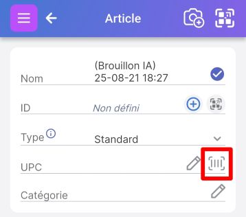 Page d'article montrant un champ UPC vide avec un code-barres sur la droite mis en évidence