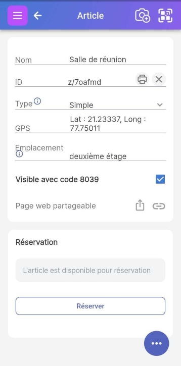 Image de l'élément "Salle de réunion A" avec un bouton Réserver en dessous