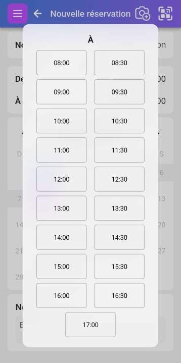 Les plages horaires sont affichées comme auparavant, avec des incréments d'une demi-heure.