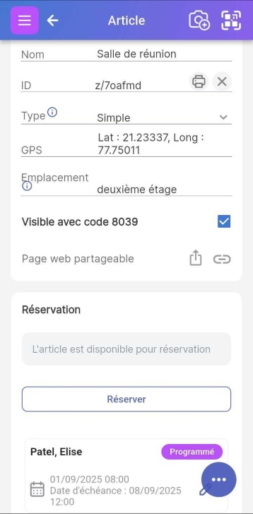 Page d'article avec section Réservation et réservation affichée