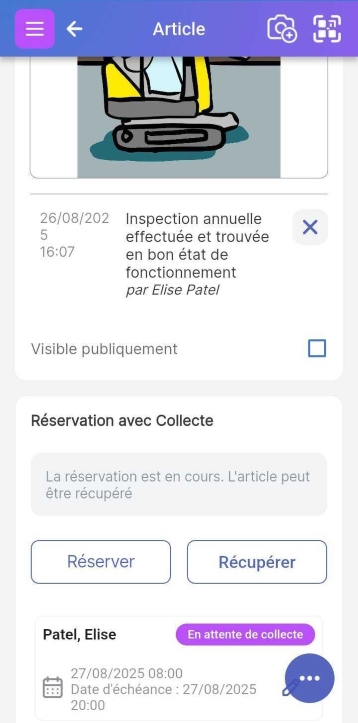 Bas de l'écran d'article montrant qu'une réservation est en cours et que l'article peut être récupéré.