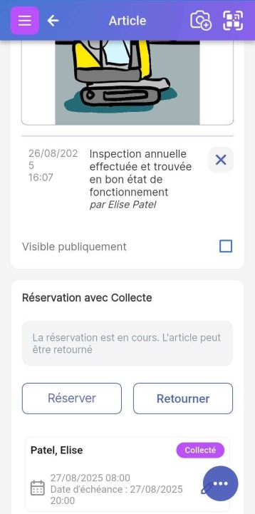 Bas de l'écran d'un article indiquant qu'une réservation est en cours. L'article peut être retourné.