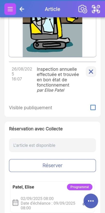 Bas de l'écran d'un article montrant qu'une réservation avec retrait est terminée.
