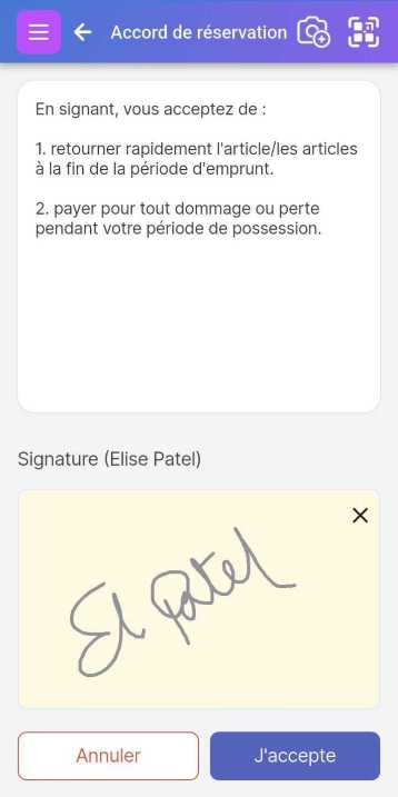 Écran affichant un accord de réservation avec un bloc de signature et des boutons Annuler/J'accepte