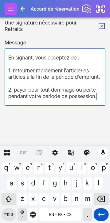 Écran de configuration de l'accord de réservation. Affiche une case à cocher pour exiger une signature et l'accord de réservation modifiable.