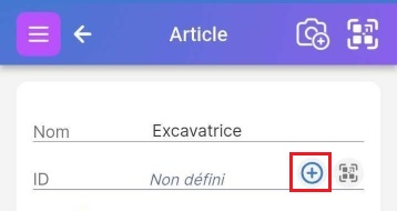 Image des deux premiers champs de la page d'article après saisie manuelle. L'ID apparaît comme non défini. Symbole + mis en évidence.