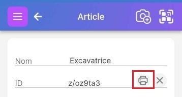 Image des deux premiers champs de la page d'article après saisie manuelle. L'identifiant Scanlily est affiché et l'imprimante est mise en évidence.