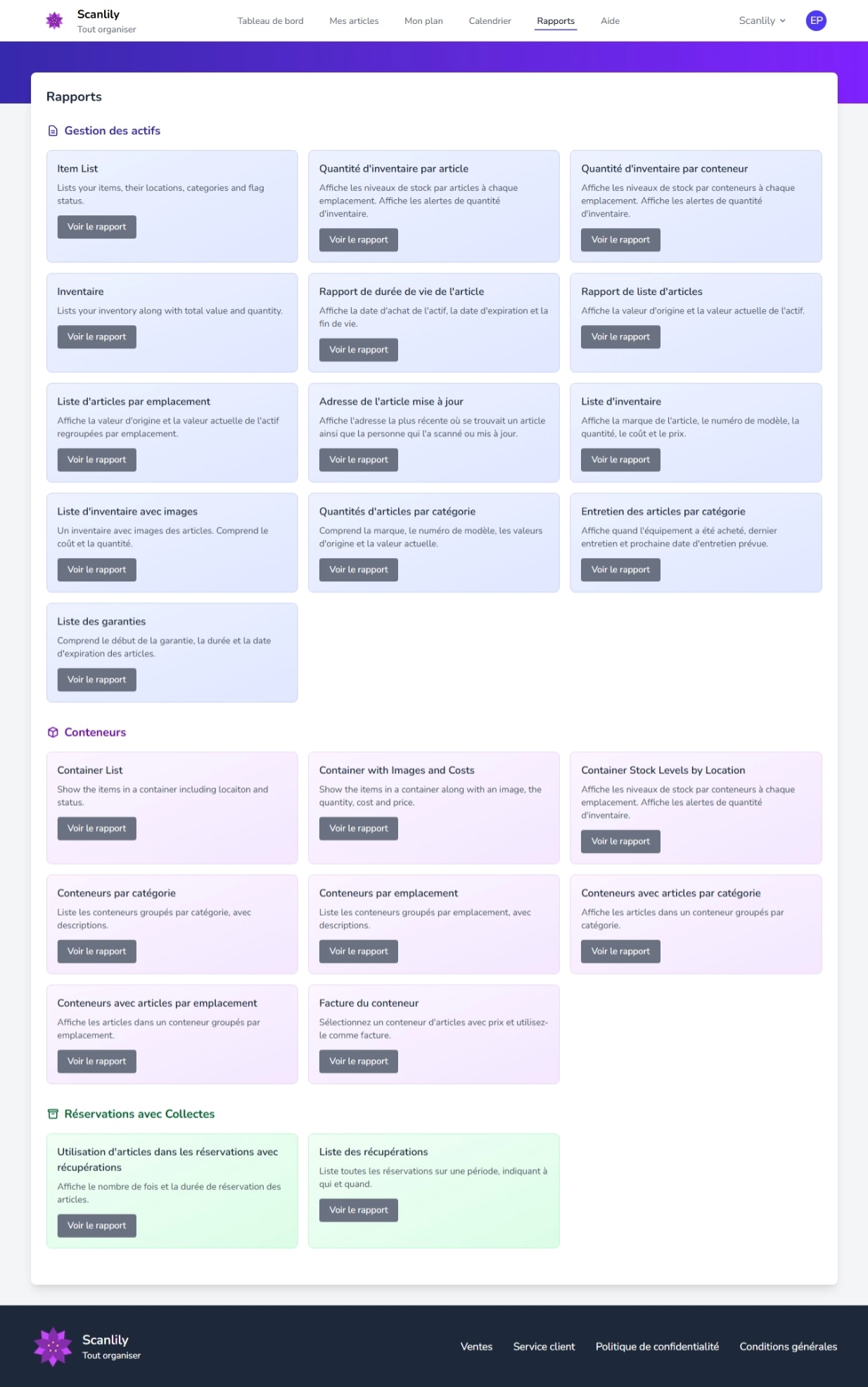 Menu de rapports sur le site web utilisateur