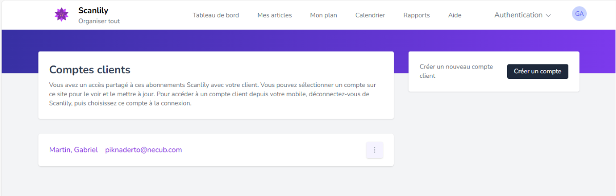 Menu déroulant de sélection de compte affichant le compte professionnel et les comptes clients