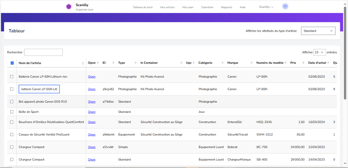 Vue d'une feuille de calcul avec des données sur un site web