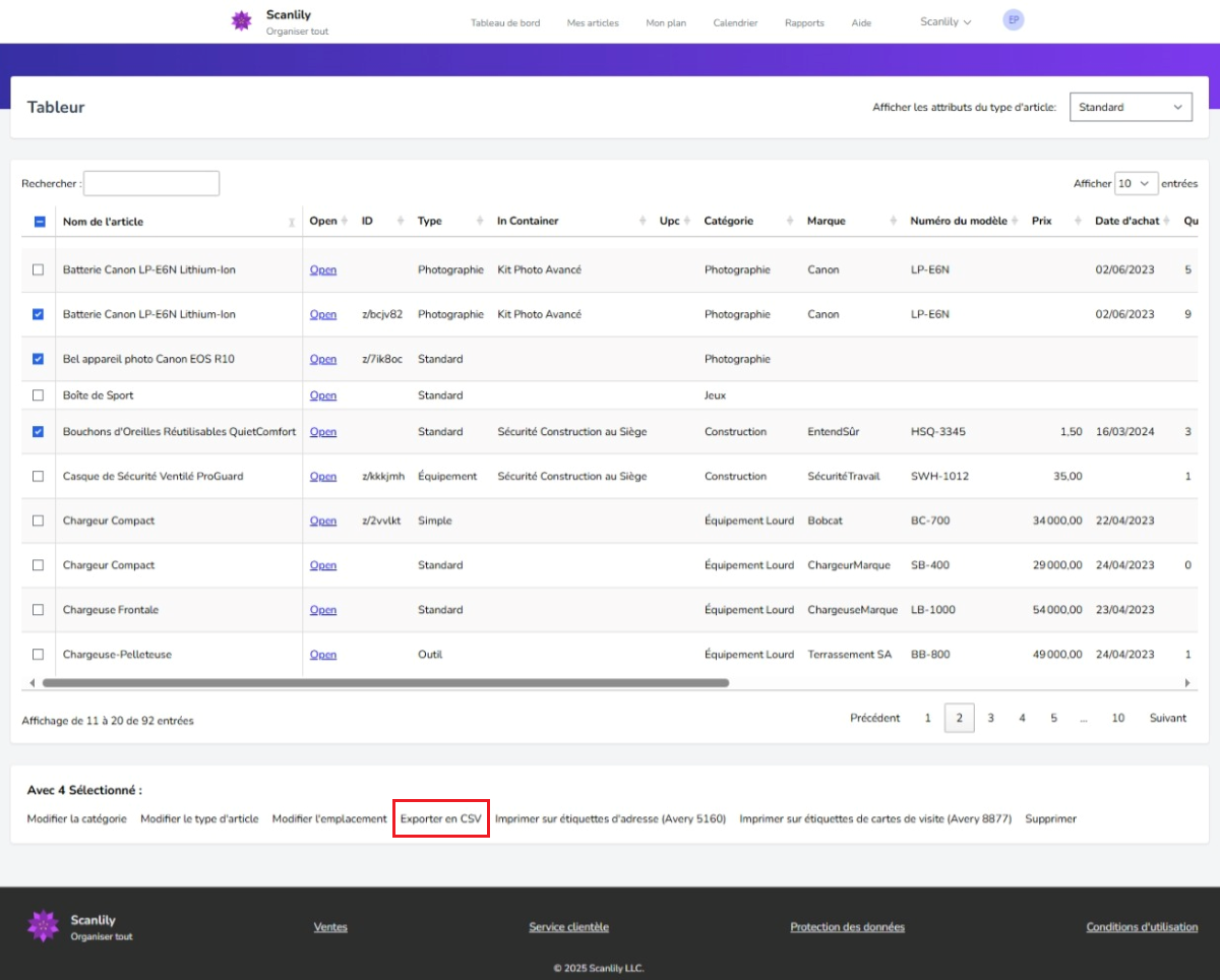 Vue d'une feuille de calcul avec des lignes sélectionnées et l'option "Exporter au format CSV" mise en évidence