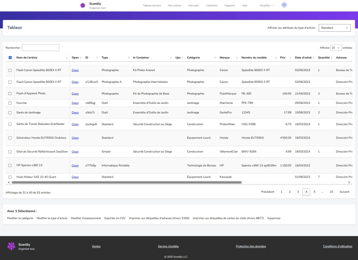 Vue large de nombreux champs sur la feuille de calcul