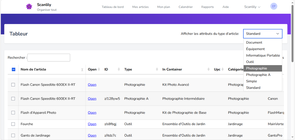 Tableur montrant un menu déroulant de sélection du type d'élément