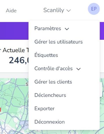 Menu de profil en haut à droite, développé et affichant diverses options.