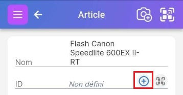 Champ d'article affichant un ID nul avec un symbole + pour générer un code QR