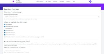 Page des paramètres d'inventaire pour la personnalisation