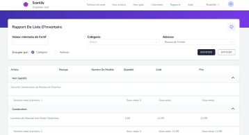 Rapport affichant les détails des articles avec l'option Grouper par catégorie