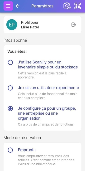Partie supérieure des paramètres du profil d'abonné