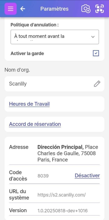 Partie inférieure des paramètres du profil d'abonné affichant les heures de travail
