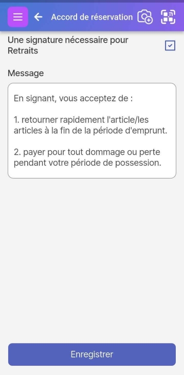 Section des paramètres de l'accord de réservation