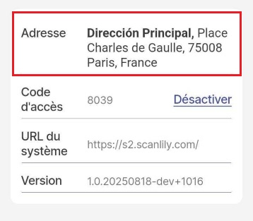 Section adresse en bas des paramètres