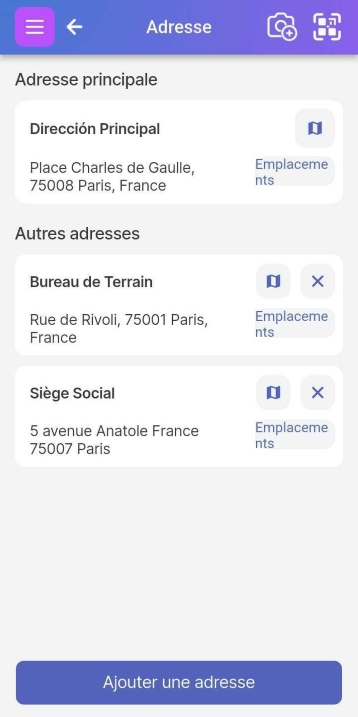 Page de gestion des adresses