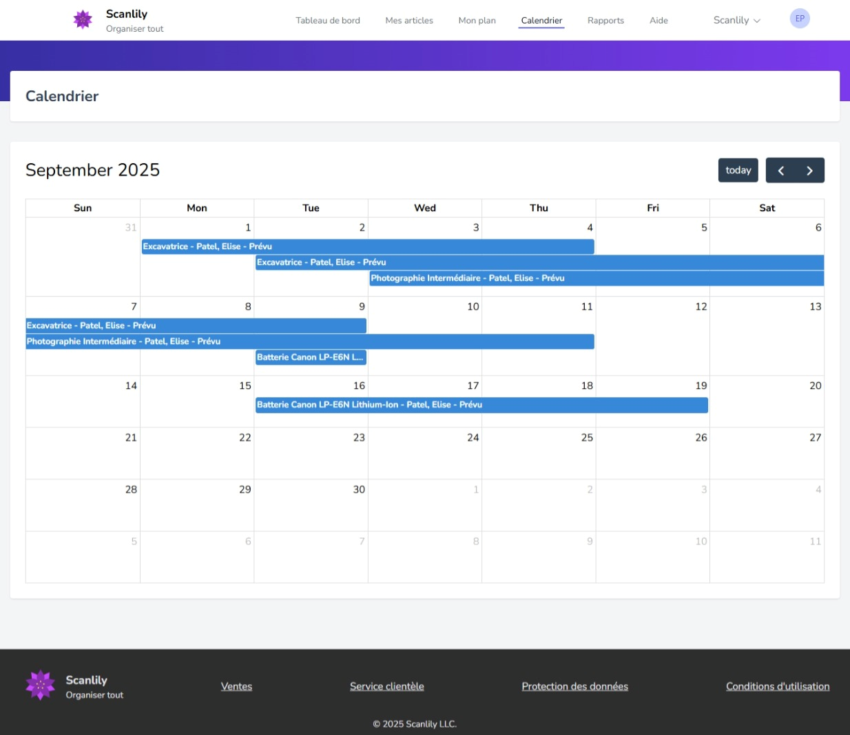 Affiche les éléments réservés sur le calendrier