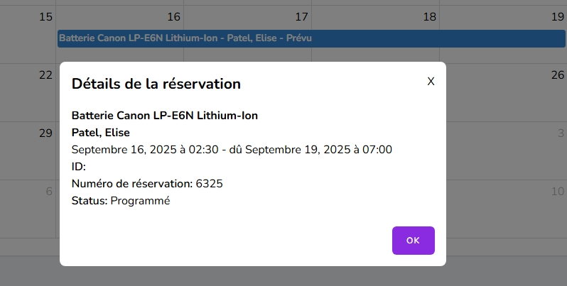 Fenêtre contextuelle affichant les plages de dates de réservation et le statut de l'article Râteau de jardin