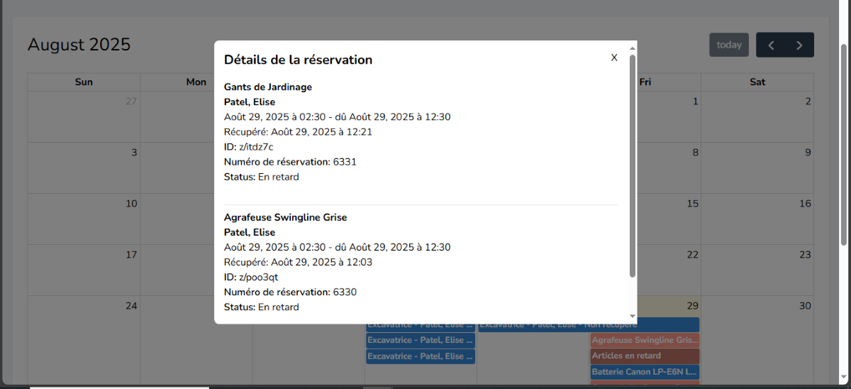 Fenêtre contextuelle affichant deux éléments en retard ainsi que les détails de leur réservation
