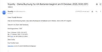 Captura de pantalla de un correo electrónico de "Artículo reservado no devuelto"