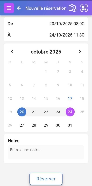 Heure sélectionnée avec bouton Réserver