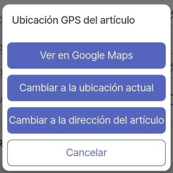 Imagen de la ventana emergente que aparece si el usuario hace clic en el campo GPS o en la opción de menú.