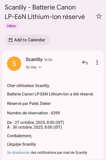 Capture d'écran d'un courriel de rappel pour un article réservé non retourné