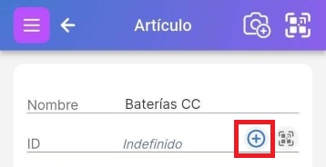 Campo de elemento que muestra ID nulo con el símbolo + para generar código QR
