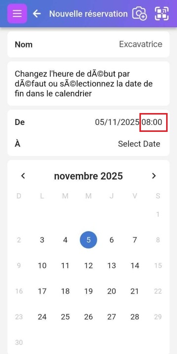 Interface de sélection de l'heure de début de la réservation