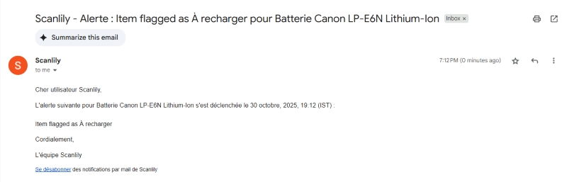Courriel reçu concernant une alerte déclenchée