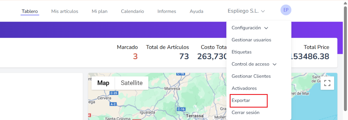 Menú de usuario mostrando la opción Exportar