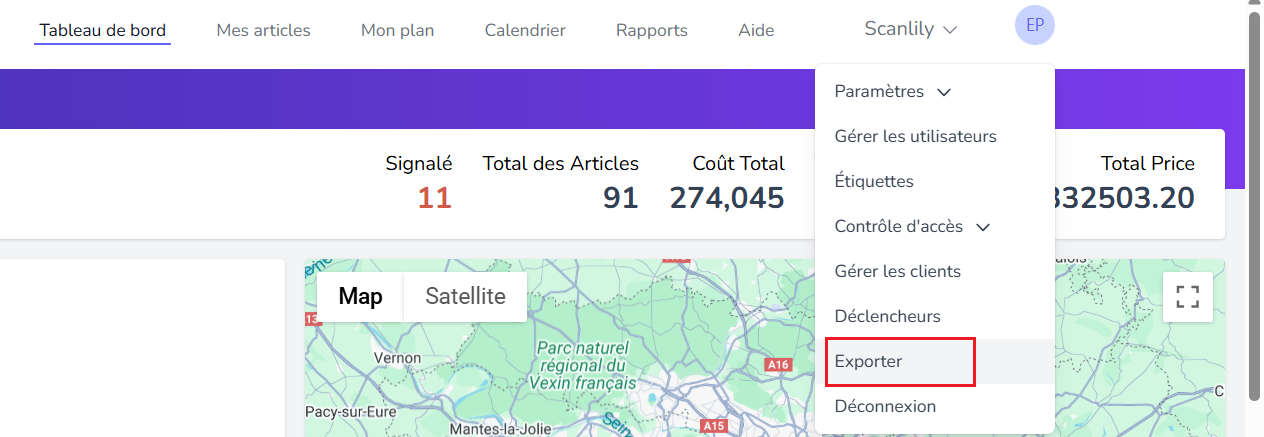 Menu utilisateur affichant l'option Exporter